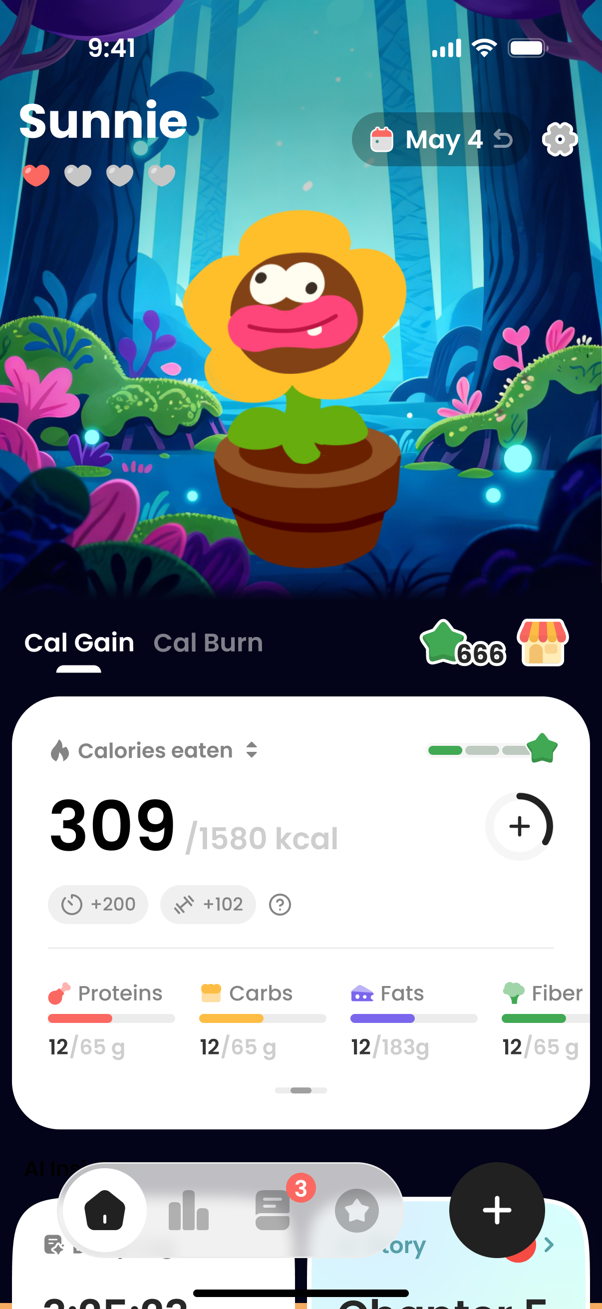 Sunnie calorie progress overview screen